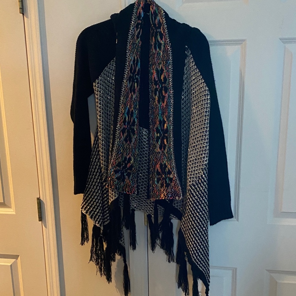 Womams medium black fringe colorful cardigan
